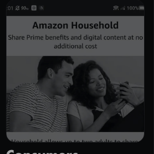 Amazon Household on a phone: Share Prime benefits and digital content at no additional cost, over a photograph of two people on a couch.
