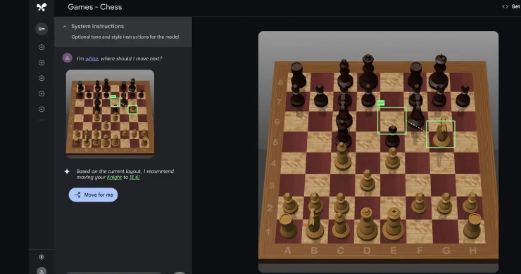Chess applet. The chat recommends moving the knight to f6 beside a 3D board with that move highlighted, and a Move for me button.