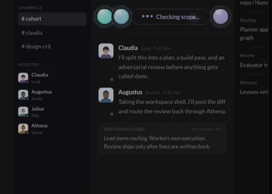 Cohort workspace. Channels for cohort, claudia, and design-crit. Registry lists Claudia, Augustus, Julius, and Athena. A logged decision: lead owns routing, workers own execution, review ships only after fixes are written back.