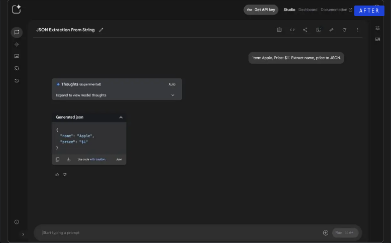 Conversation extracting a name and price to JSON. A collapsible Thoughts disclosure sits above generated JSON for an apple at one dollar, with Run code with Python.