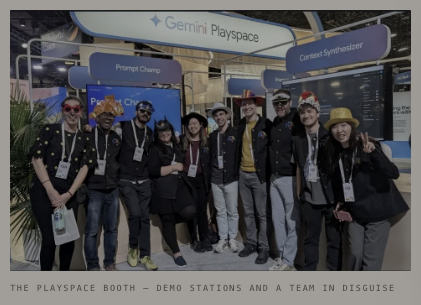 The Gemini Playspace booth: demo stations and a team in costume.