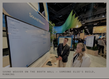 A presenter at a colorful booth running Sound Weaver on a large screen.