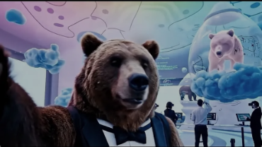 Generated still: a bear in a tuxedo inside a bubble, with a smaller pink bear. Badged sound on, eight seconds.