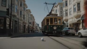 Generated still of a San Francisco streetcar on a city street. Badged sound on, eight seconds.