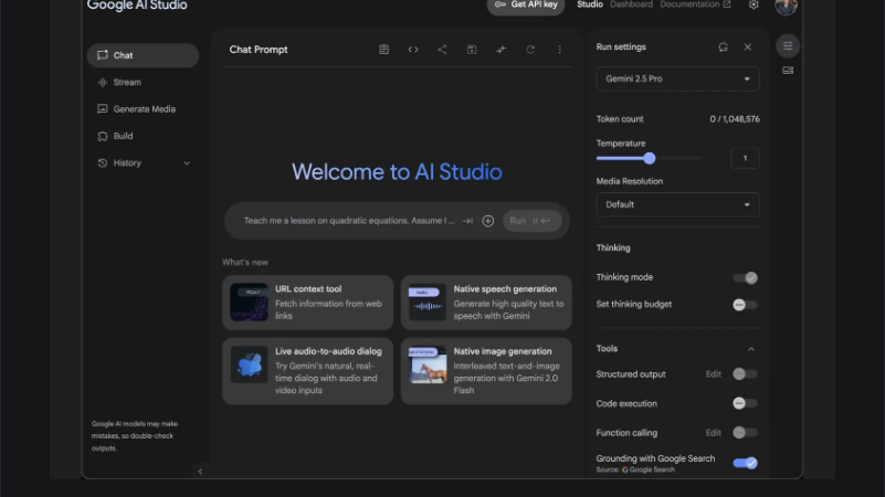 Fuller AI Studio welcome. Prompt asks to teach a lesson on quadratic equations. Run settings show Gemini 2.5 Pro, thinking controls, and grounding with Google Search on.