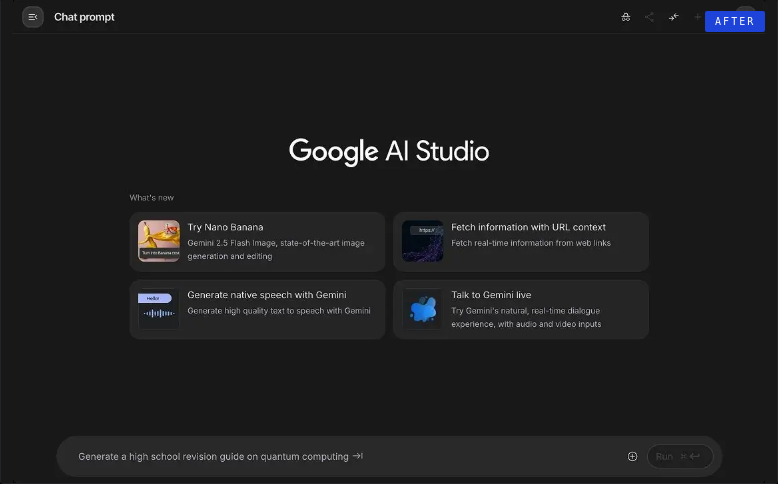 Google AI Studio after the redesign. What’s new cards for Nano Banana, URL context, native speech, and Gemini Live, above a prompt to generate a high school revision guide on quantum computing.