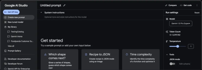 Early Google AI Studio landing: a long navigation list, an untitled prompt, sample cards, and a crowded run-settings column. No clear call to action.