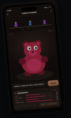 Cohort Creator on a phone: a pink gummy bear, trait sliders, and a create control. Describe it in plain language.