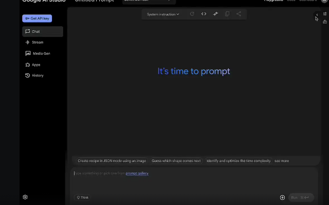 Redesigned Google AI Studio. Left navigation is Get API key, Chat, Stream, Media Gen, Apps, and History. The canvas says It’s time to prompt. The composer reads Create recipe in JSON mode using an image.