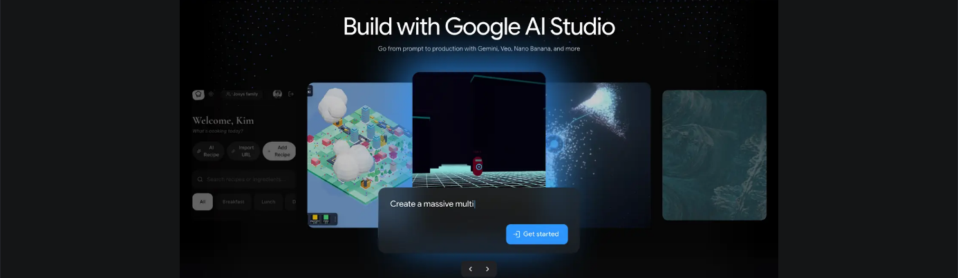 aistudio.google.com in August 2026. Headline: Build with Google AI Studio. Go from prompt to production with Gemini, Veo, Nano Banana, and more. A Get started button sits on the hero.