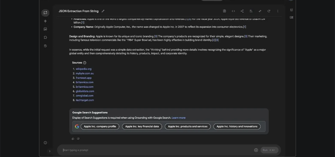 Studio chat grounded on Apple Inc., with numbered web sources and Google Search suggestion chips for company profile, financial data, products, and history.