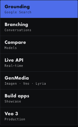 Capability rail with Grounding and Google Search selected, then Branching, Compare, Live API, GenMedia, Build apps, and Veo 3.