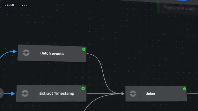 Pipeline canvas marked silent, 295, and pipeline is valid. Batch events and Extract Timestamp flow into Union, each with a green check.
