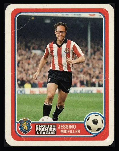 A worn soccer sticker of Jesse Kulp in a red-and-white striped kit, captioned English Premier League, Jessino Midfiller.